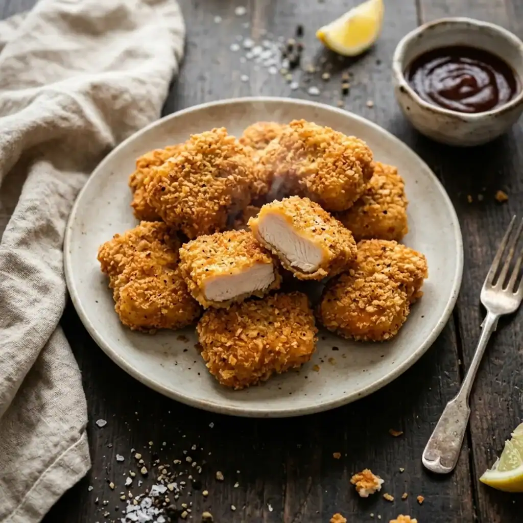 Frisch gebackene, goldbraune und knusprige Chicken Nuggets aus der Heißluftfritteuse, serviert auf einem rustikalen Teller mit Dip.