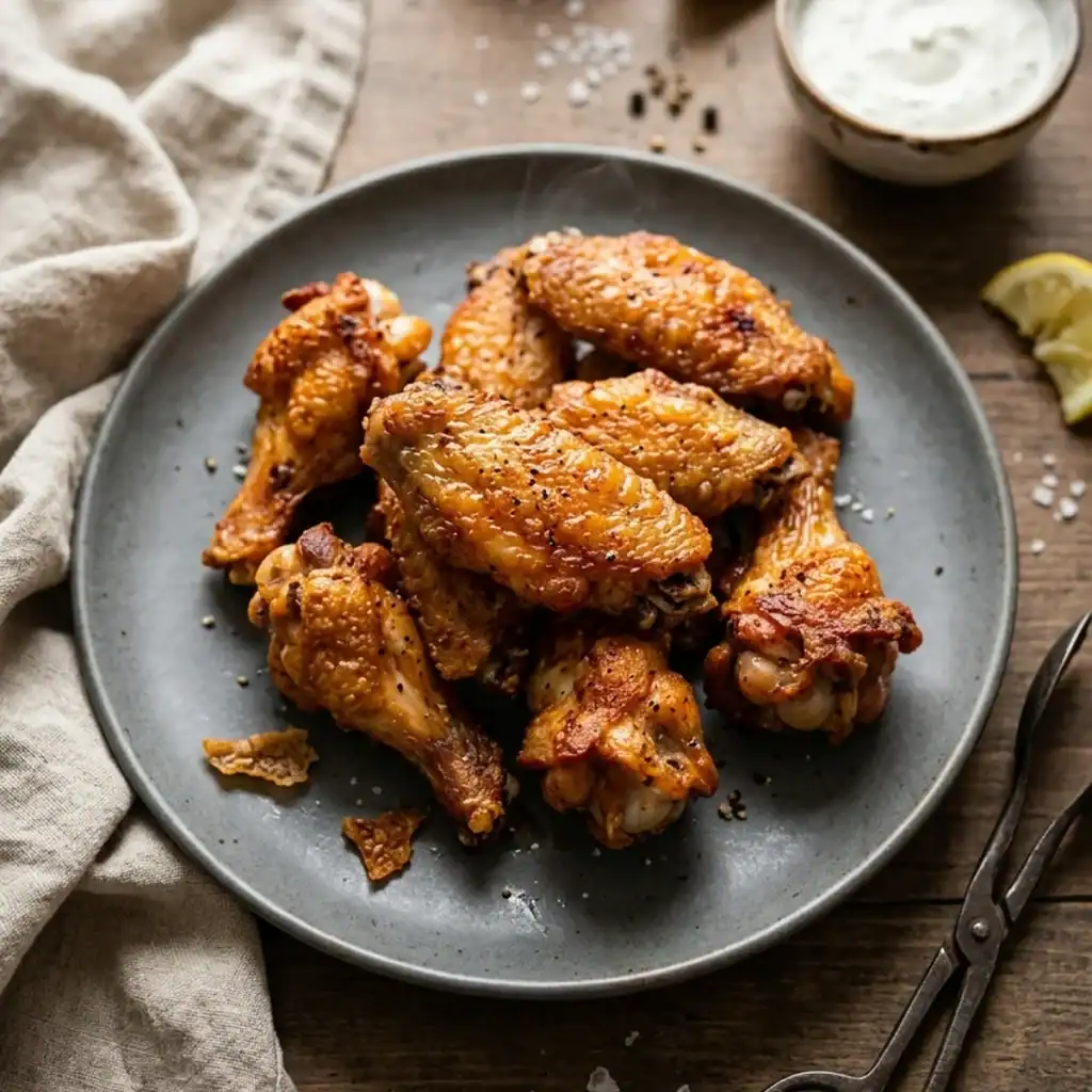 Goldbraun und kross geröstete Chicken Wings aus dem Airfryer auf einem rustikalen Keramikteller mit Kräuter-Dip und Zitronenspalten.