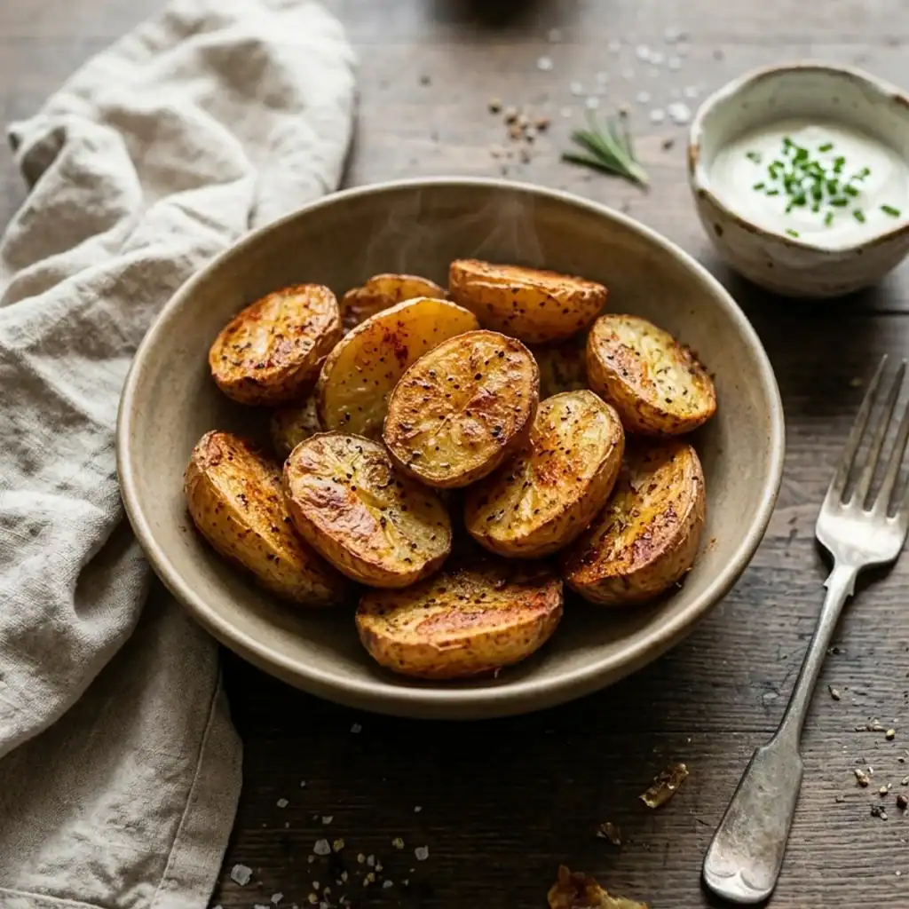 Draufsicht auf eine rustikale Schale mit goldbraun gerösteten, knusprigen Babykartoffeln aus der Heißluftfritteuse, serviert mit Kräuterdip.