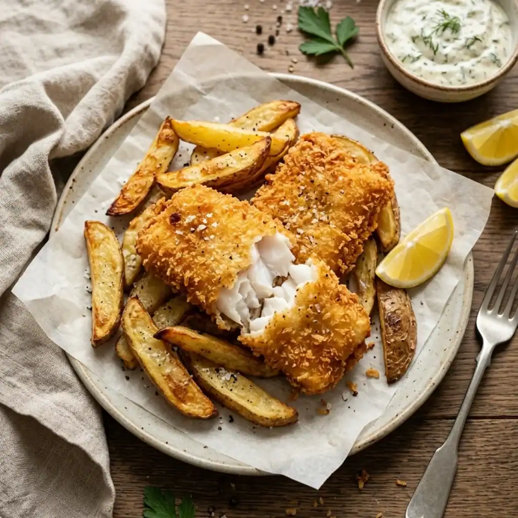 Knusprig panierter Kabeljau mit dicken Pommes Frites und Remoulade auf einem rustikalen Teller aus der Heißluftfritteuse