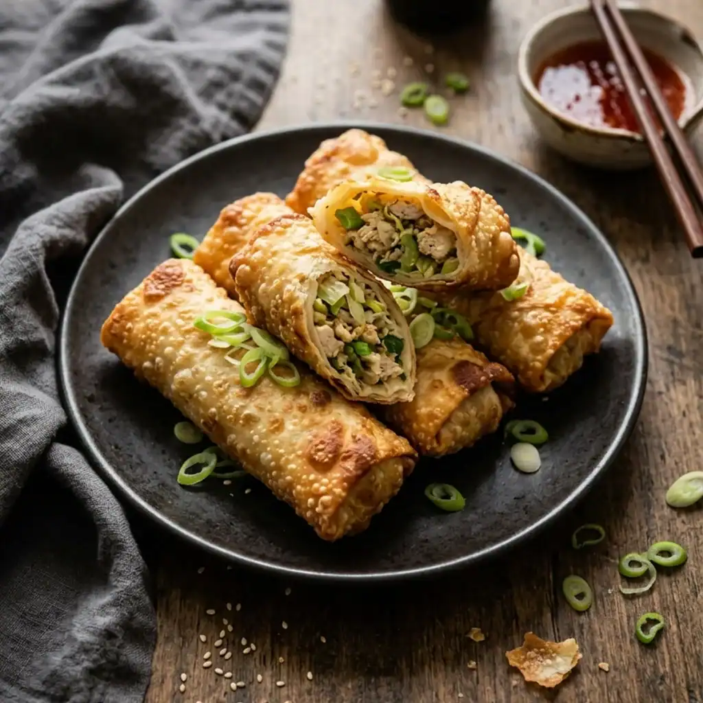 Frisch gebackene, goldbraune Frühlingsrollen aus dem Airfryer auf einem rustikalen Teller, eine Rolle halbiert mit saftiger Hähnchenfüllung, daneben Chilisauce.