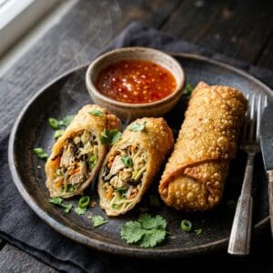 Frisch frittierte, goldbraun gebackene Frühlingsrollen, halbiert angerichtet mit sichtbarer Hähnchen-Gemüse-Füllung neben Sweet-Chili-Dip