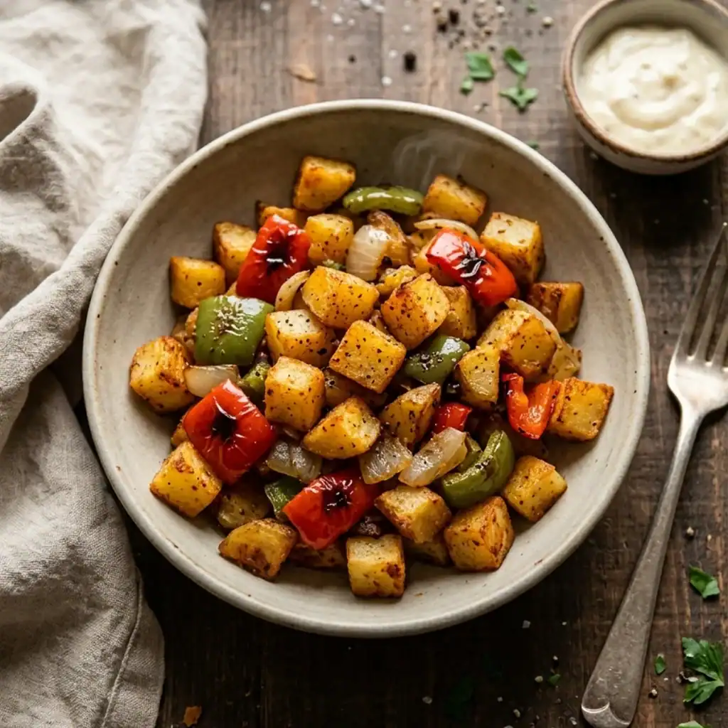Draufsicht auf goldbraun geröstete Kartoffelwürfel mit Paprika und Zwiebeln in einer rustikalen Keramikschale aus dem Airfryer.