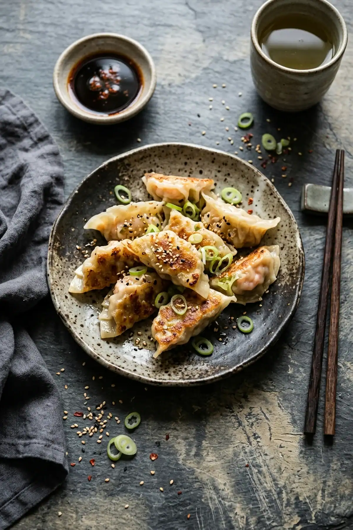 Knusprig gebratene Garnelen-Dumplings mit Schweinefleisch und Sesam