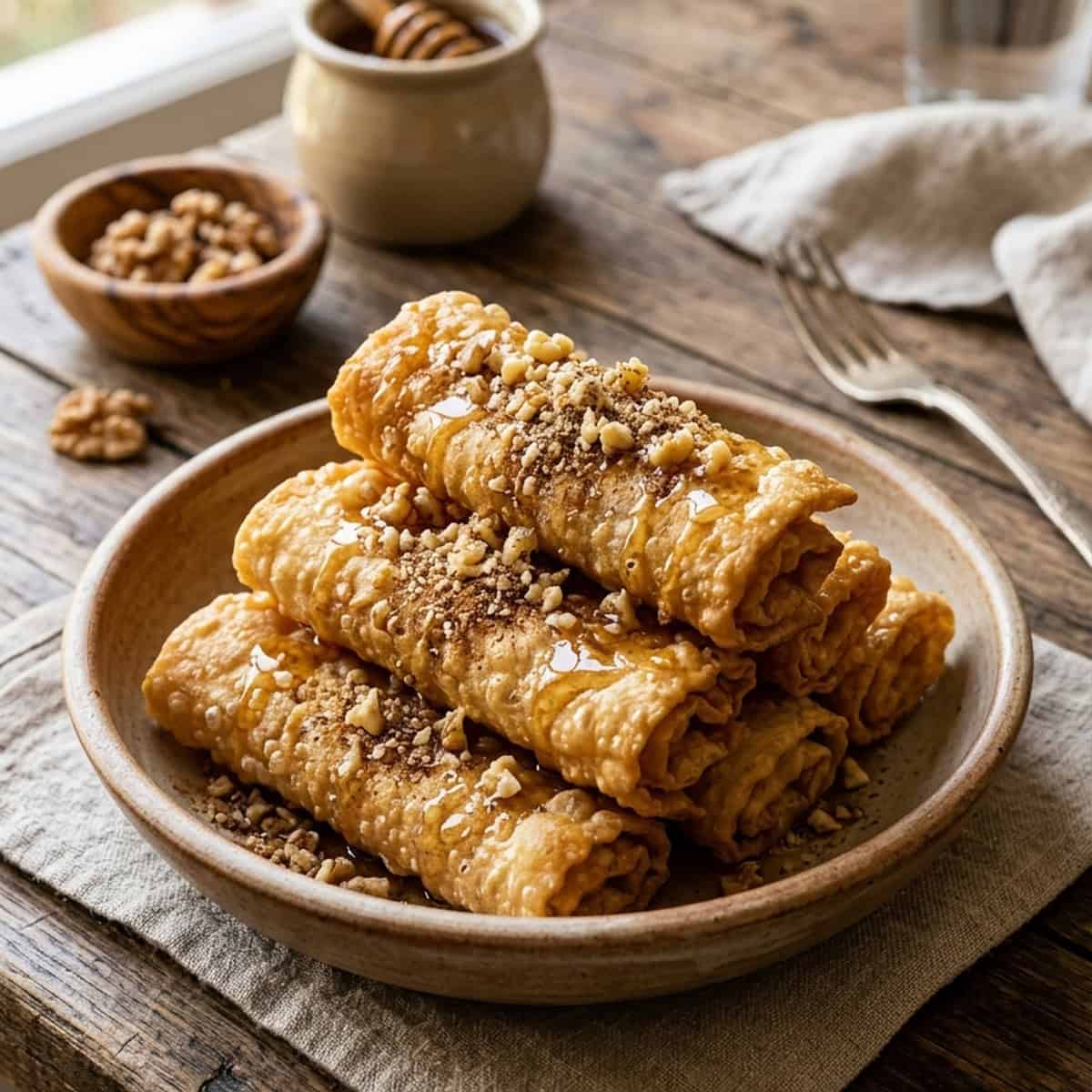 Knusprige griechische Honig-Röllchen mit Walnüssen
