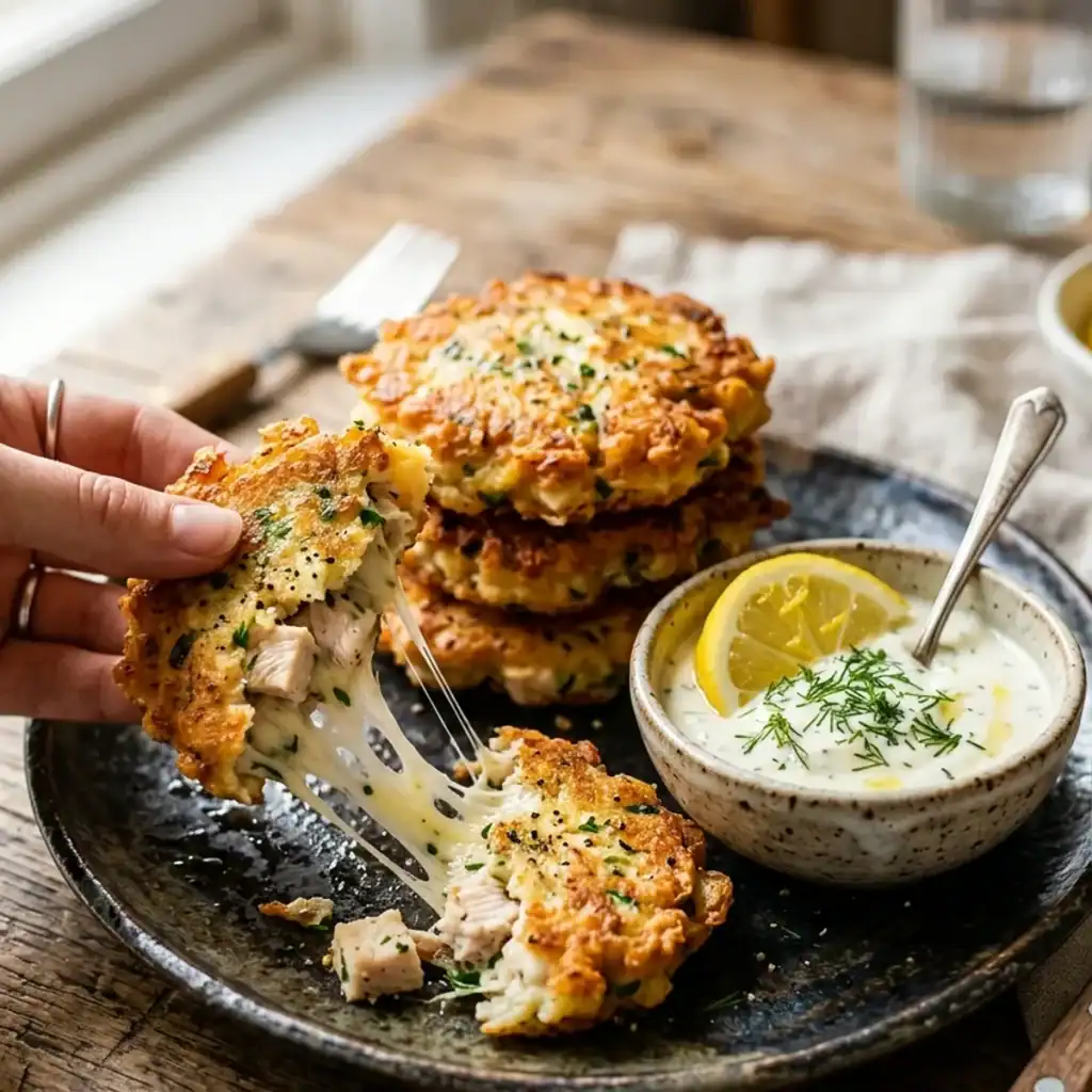 Frisch zubereitete, goldbraun gebratene Hähnchen-Käse-Taler auf einem Teller mit Knoblauch-Dip und frischem Dill.
