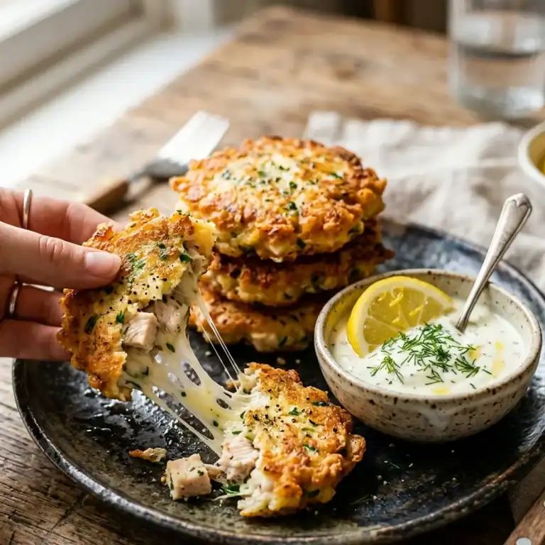 Frisch zubereitete, goldbraun gebratene Hähnchen-Käse-Taler auf einem Teller mit Knoblauch-Dip und frischem Dill.