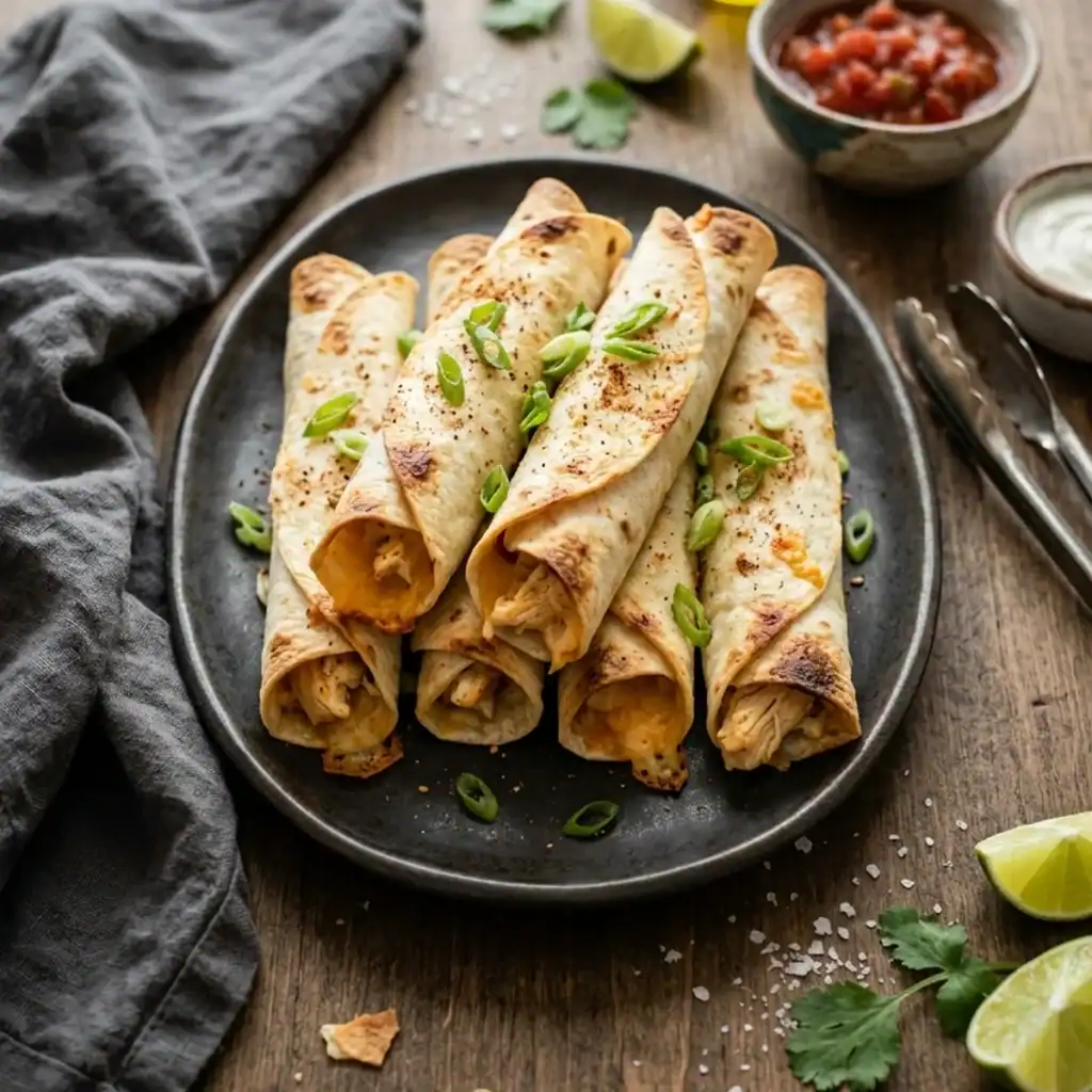 Goldbraun gebackene Hähnchen-Taquitos auf einer rustikalen Platte mit Dip und Frühlingszwiebeln aus der Heißluftfritteuse