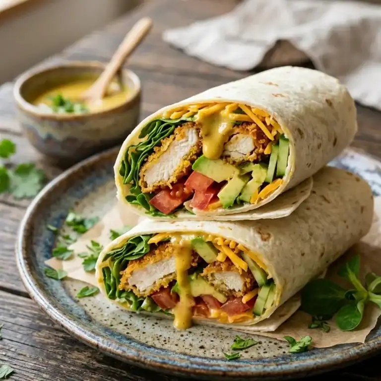Angeschnittene, prall gefüllte Hähnchen-Wraps mit knuspriger Panade, frischem Salat, Tomaten, Gurke, Avocado und cremiger Honig-Senf-Sauce auf einem Teller.