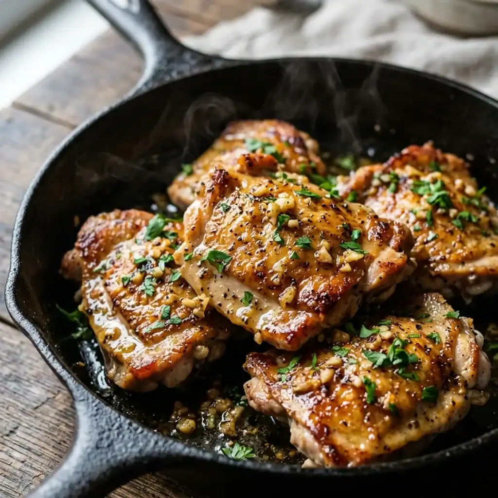 Saftig gebratene Hähnchenoberkeulen mit goldbrauner Kruste in einer dunklen Gusspfanne, umhüllt von einer glänzenden Knoblauch-Butter-Sauce und frischer Petersilie.