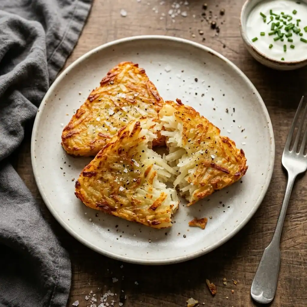 Drei goldbraun ausgebackene, knusprige Hash Browns im Dreiecksformat auf einem rustikalen Teller, serviert mit Schnittlauch-Dip.