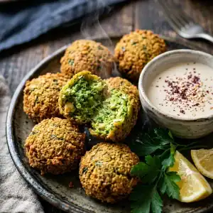 Ein Teller mit goldbraunen, knusprigen Falafel-Bällchen, eines davon aufgebrochen mit saftig-grünem Kräuterinneren, serviert mit Joghurt-Dip und Zitrone.
