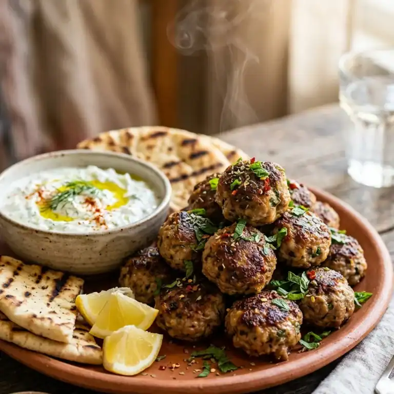 Servierplatte mit knusprigen griechischen Lamm-Hackbällchen, frischer Minze, Zitronenspalten und cremiger Tzatziki-Sauce.