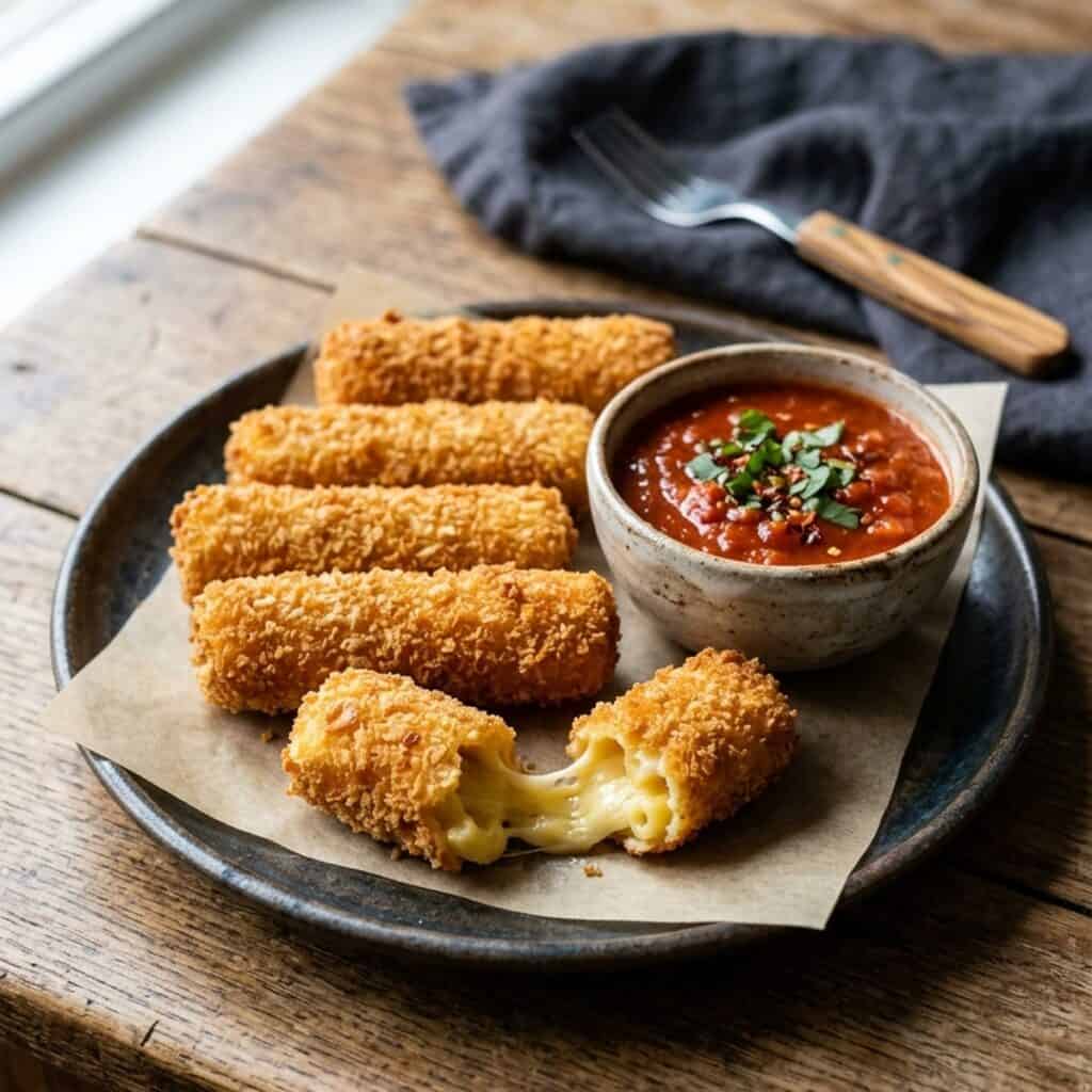 Frisch ausgebackene, goldbraune Makkaroni-Käse-Sticks mit Panko-Panade auf Küchenpapier, einer davon aufgebrochen mit lang ziehendem Fadenkäse, dazu Ketchup-Dip.