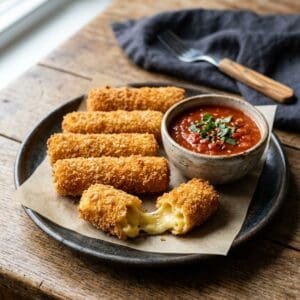 Frisch ausgebackene, goldbraune Makkaroni-Käse-Sticks mit Panko-Panade auf Küchenpapier, einer davon aufgebrochen mit lang ziehendem Fadenkäse, dazu Ketchup-Dip.