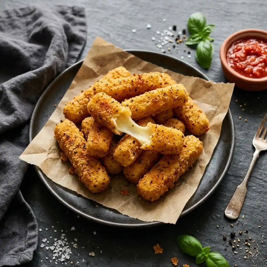 Krosse, panierte Mozzarella-Sticks aus dem Airfryer auf einem rustikalen Teller, einer davon aufgebrochen mit geschmolzenem Käsestrang, daneben fruchtige Tomatensauce.