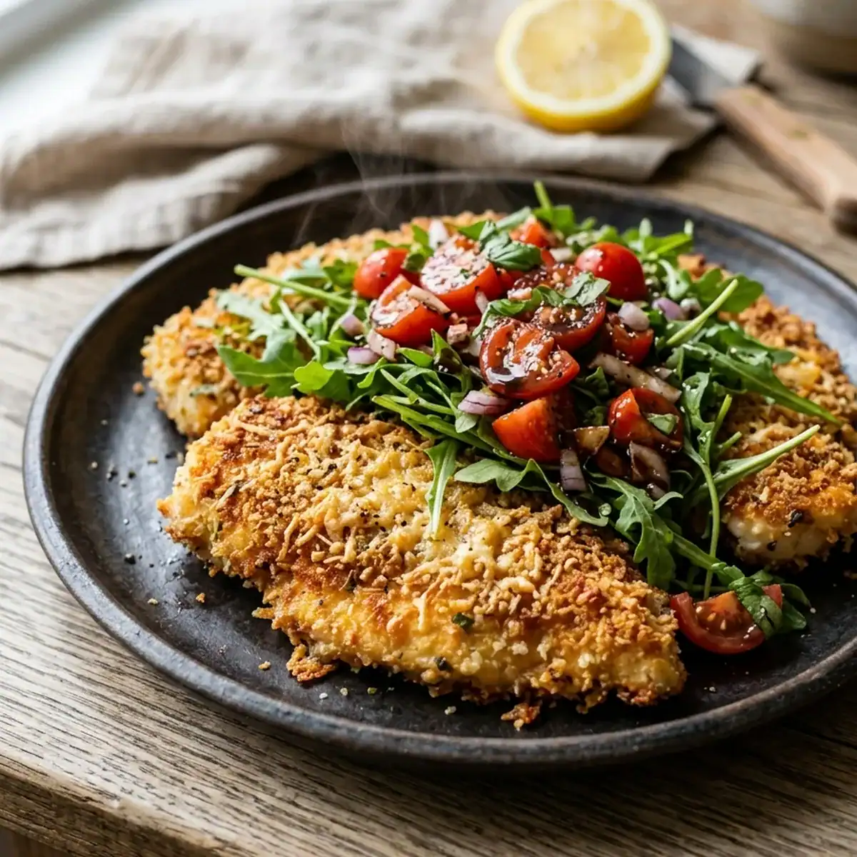 Knusprige Ofen-Hähnchenschnitzel mit Rucola und marinierten Tomaten