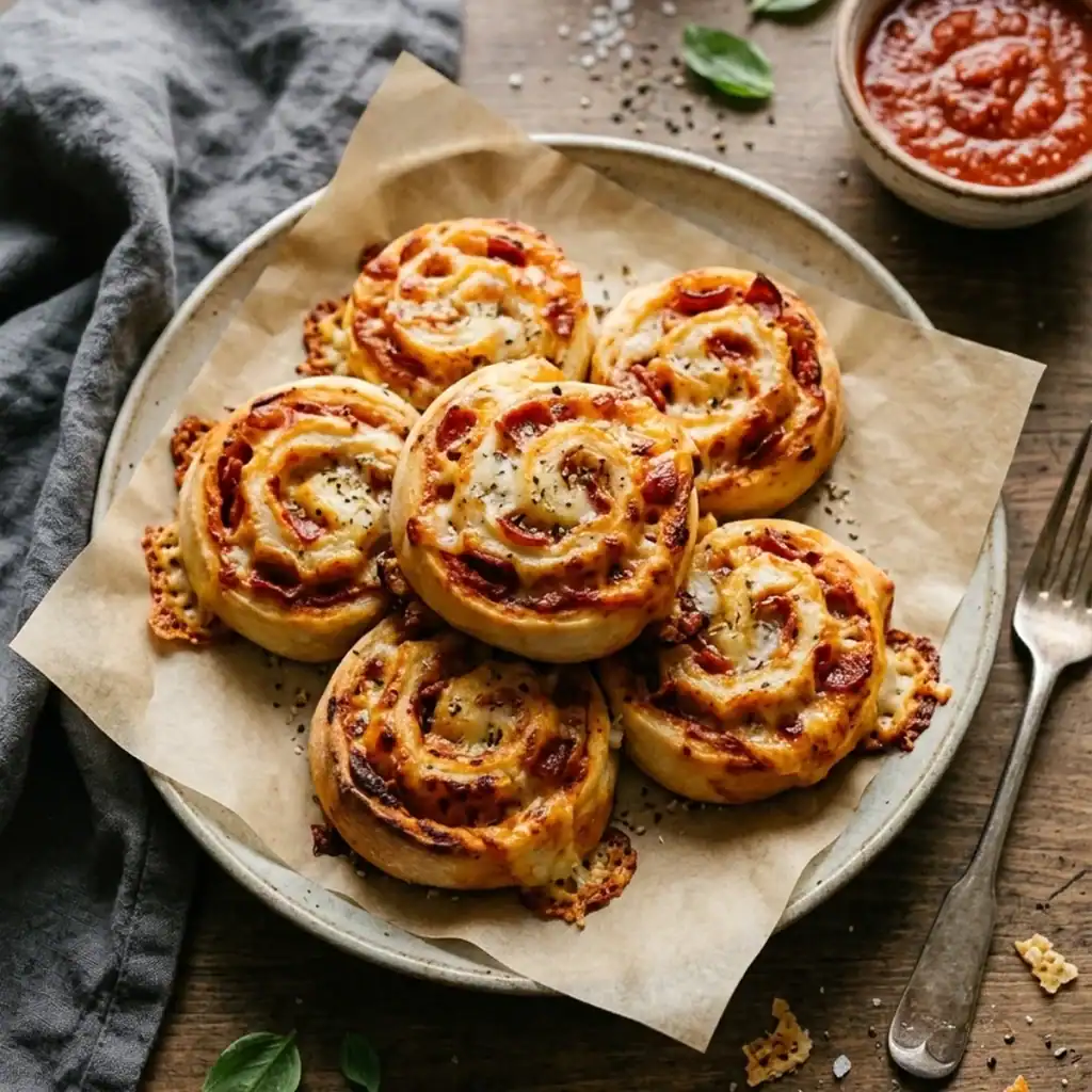 Goldbraun gebackene Pizza-Schnecken mit zerlaufenem Mozzarella und Salami auf einem rustikalen Teller neben einer Schale Tomatensauce.