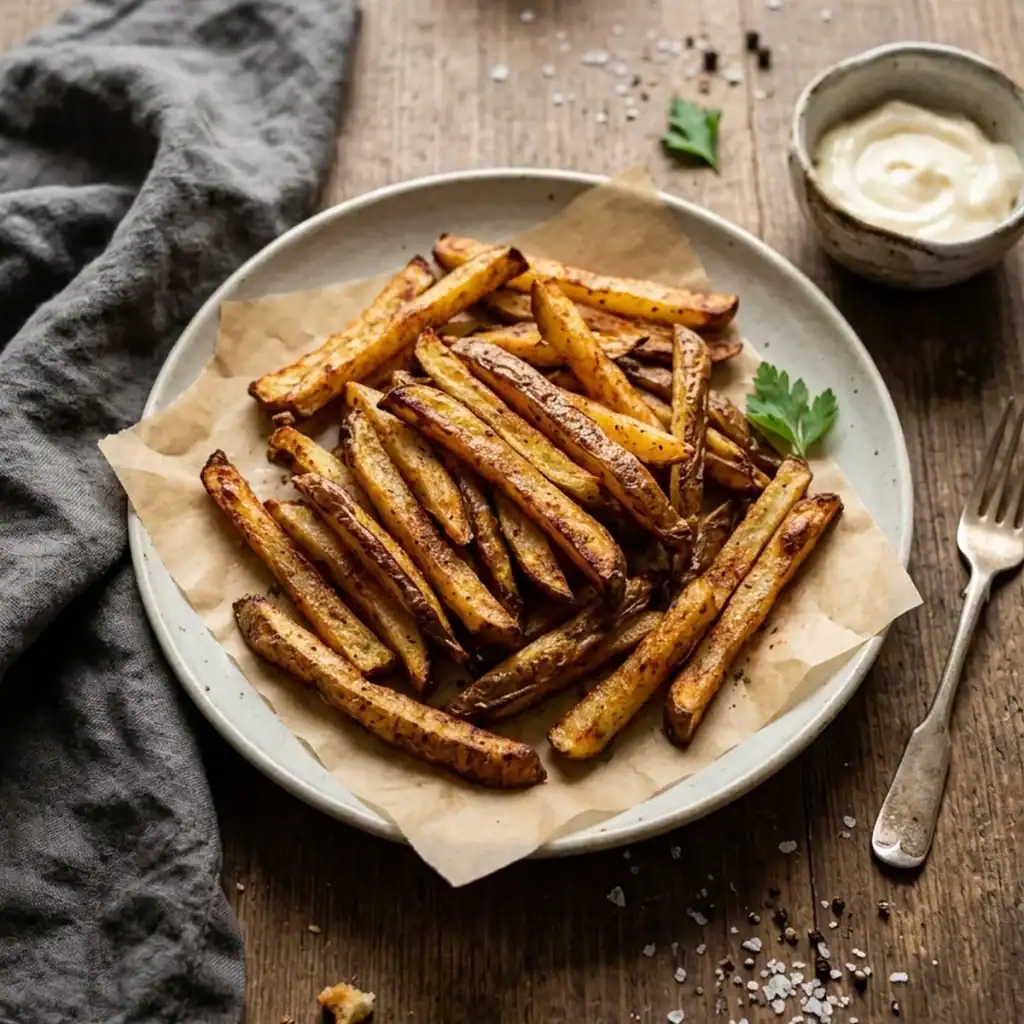Draufsicht auf goldbraun und kross gebackene Pommes aus dem Airfryer, serviert auf Backpapier mit grobem Meersalz und cremiger Sauce.