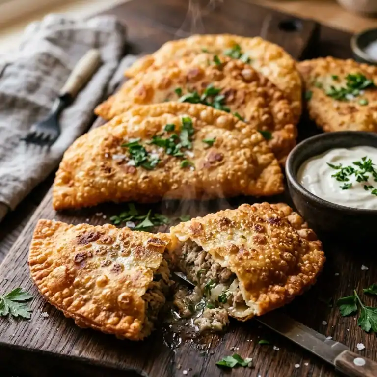 Mehrere goldbraun ausgebackene Tschebureki auf einem Holzbrett, eine Teigtasche angeschnitten mit saftiger Geflügelfüllung und feinem Dampf.