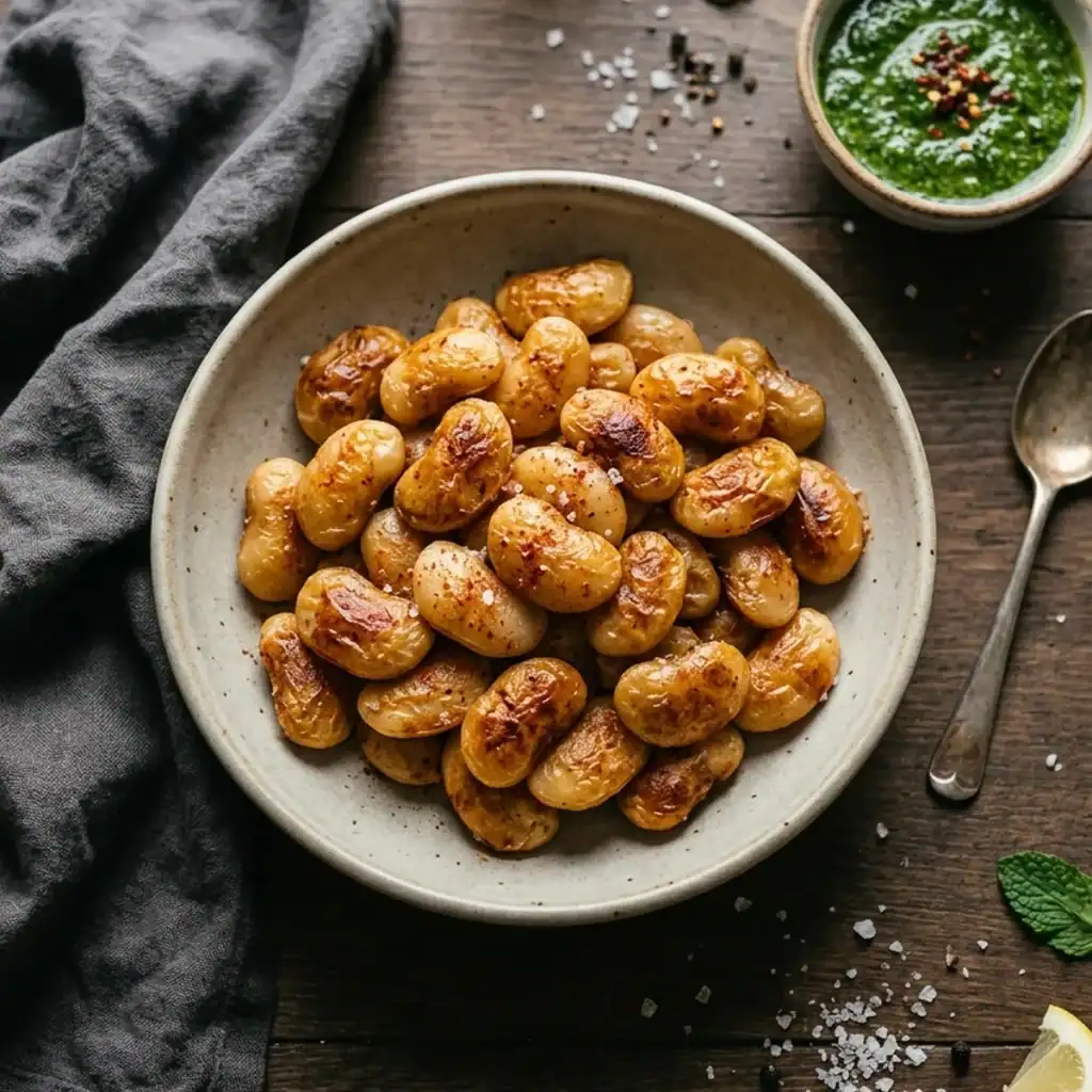 Draufsicht auf eine Schale mit goldbraun und kross gerösteten Butterbohnen aus dem Airfryer neben einer Schale mit grünem Kräuter-Zitronen-Dip.