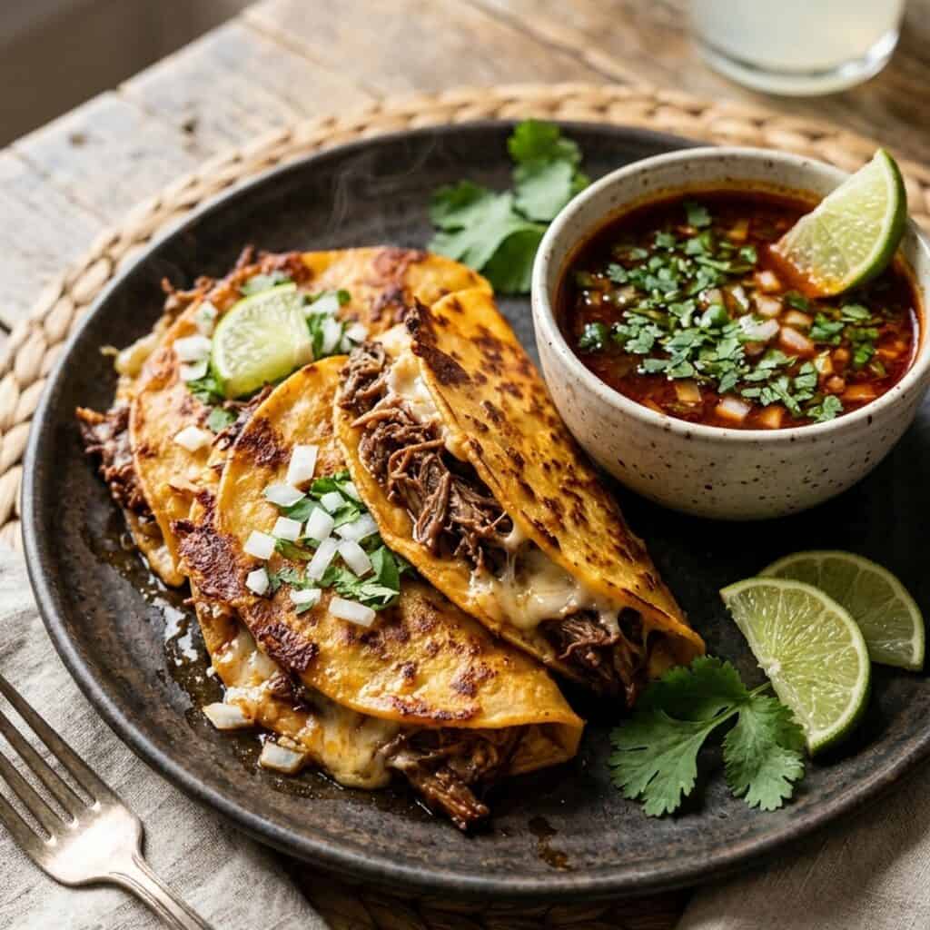 Goldbraun ausgebackene, gefaltete Tacos gefüllt mit saftig gezupftem Schmorrindfleisch und geschmolzenem Käse, serviert mit einer Schale aromatischer Schmorsauce zum Dippen.