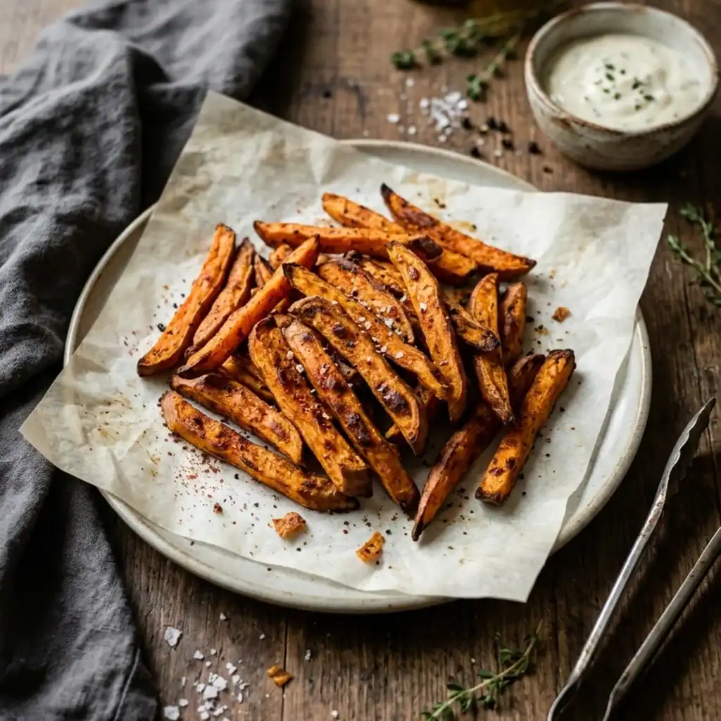 Portion knusprig gebackener Süßkartoffel-Pommes aus dem Airfryer auf Backpapier und Keramikteller, serviert mit Kräuter-Dip