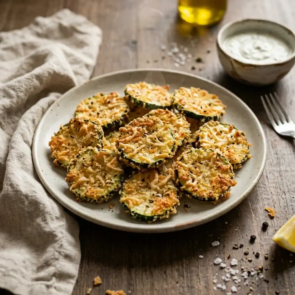 Knusprig panierte Zucchini-Chips mit Parmesan auf einem rustikalen Teller, serviert mit Kräuterdip