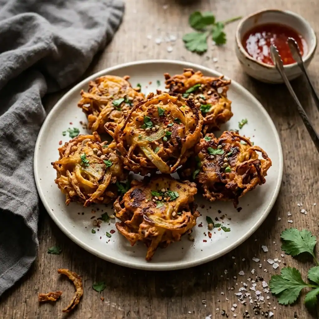Goldbraun ausgebackene, knusprige Zwiebel-Bhajis auf einem rustikalen Keramikteller mit frischem Koriander und Dip