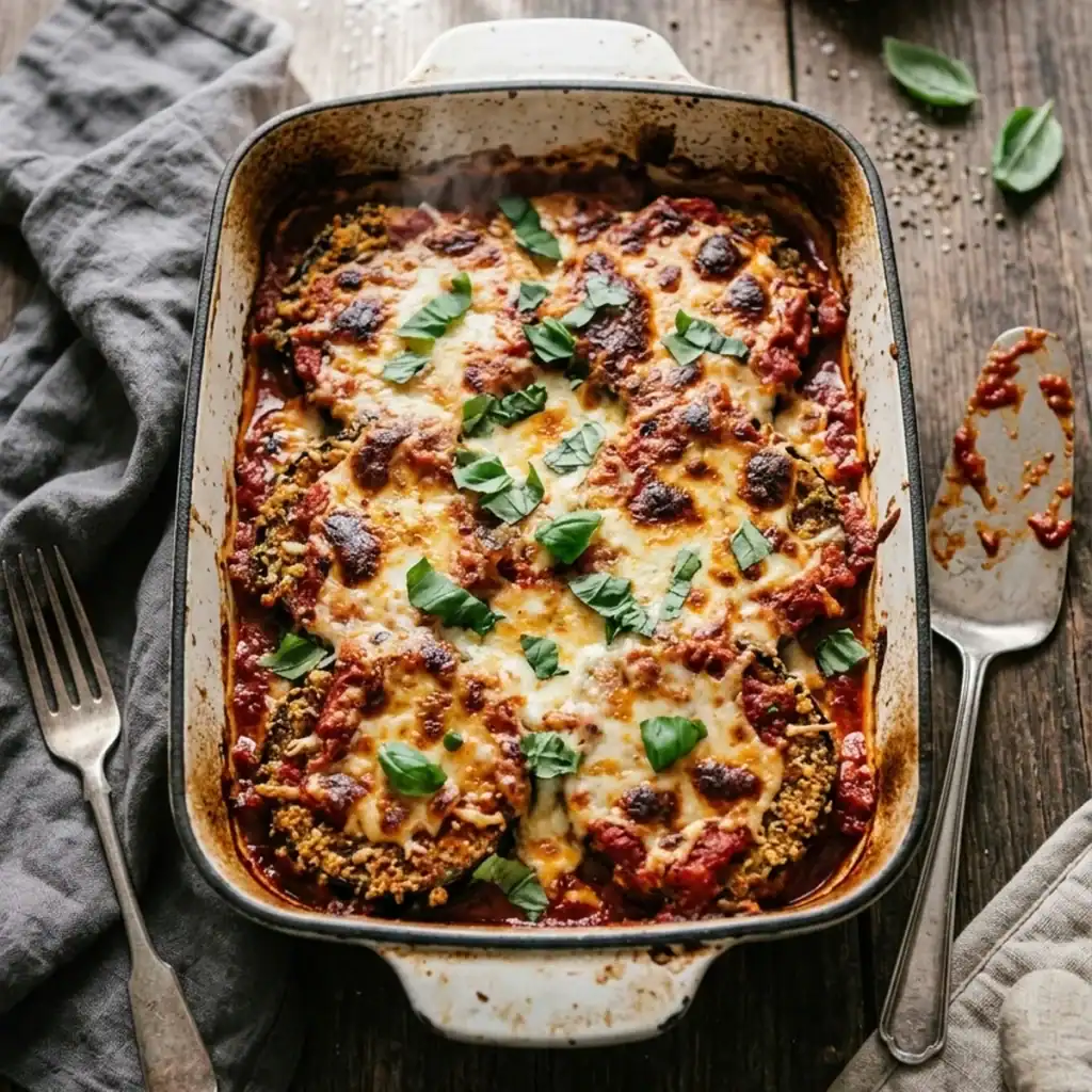 Frisch gebackener Auberginen-Auflauf in einer Auflaufform mit goldbraun geschmolzenem Mozzarella, fruchtiger Tomatensauce und frischem Basilikum aus der Vogelperspektive.