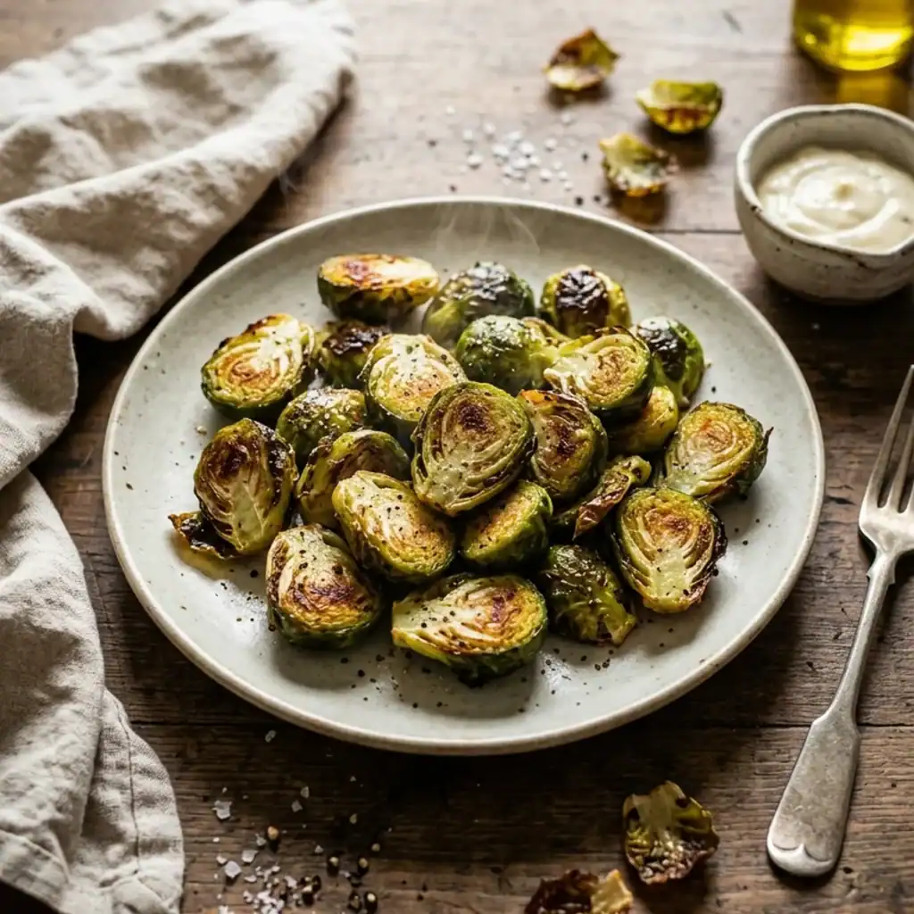 Draufsicht auf goldbraun und kross gerösteten Rosenkohl aus dem Airfryer auf einem rustikalen Teller, serviert mit Dip und Meersalz.