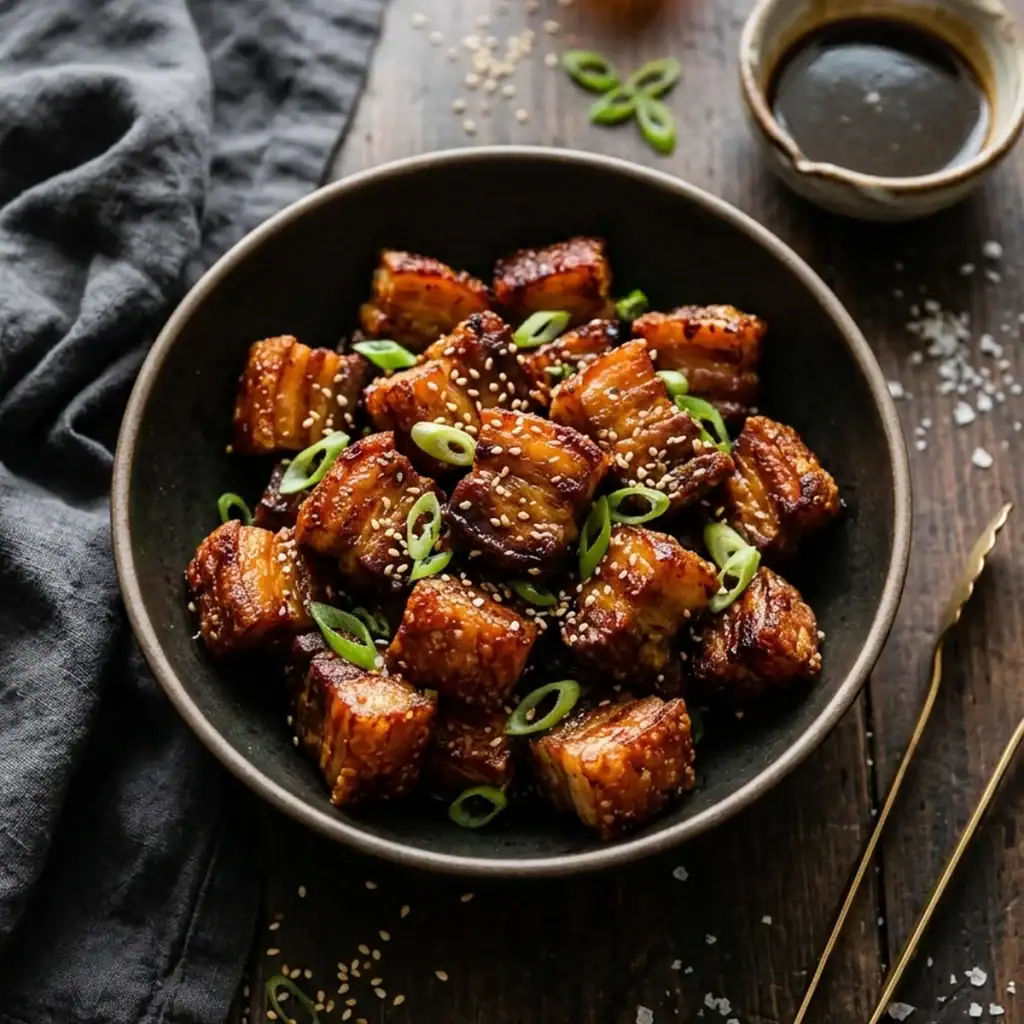Dunkelbraun karamellisierte, krosse Schweinebauch-Würfel aus der Heißluftfritteuse, bestreut mit Frühlingszwiebeln und Sesam in einer rustikalen Keramikschale.