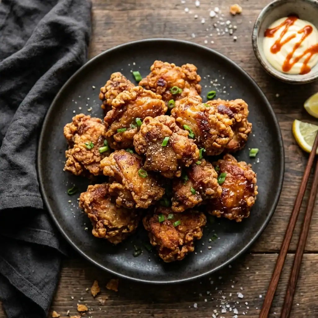 Dampfend heißes, goldbraun gebackenes Chicken Karaage aus dem Airfryer auf einem Keramikteller mit Zitronenspalten und Mayonnaise-Dip.