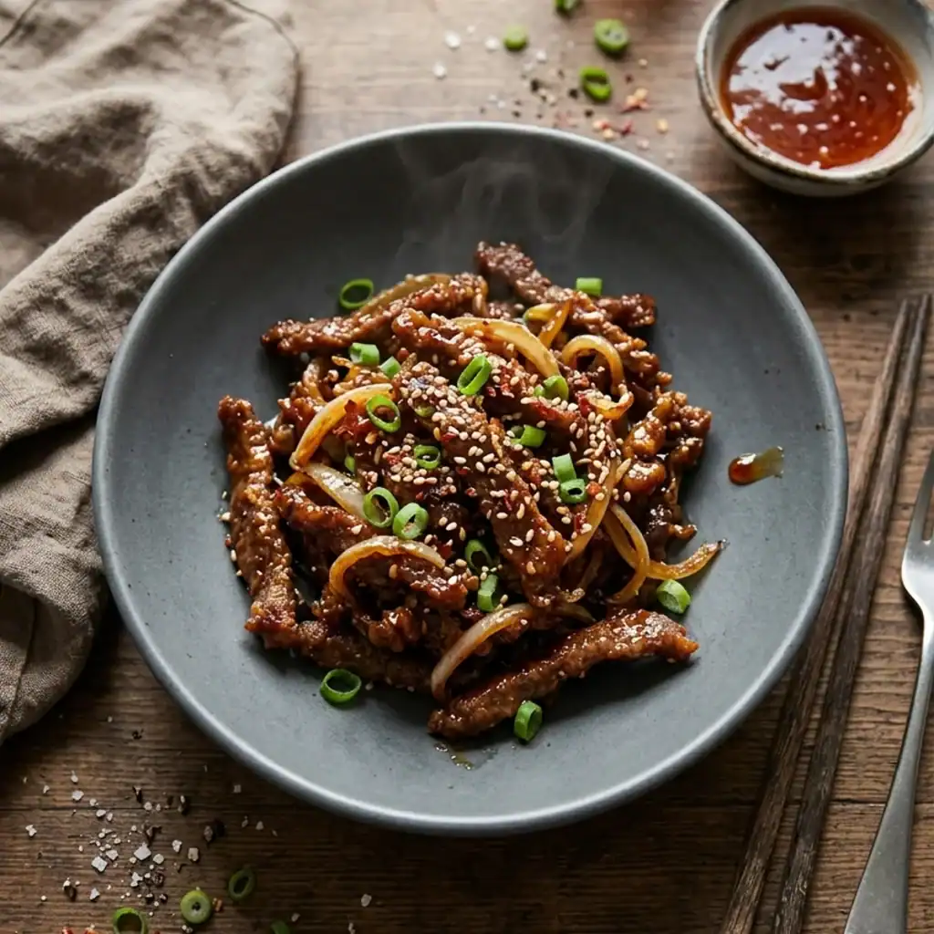 Knusprige Rindfleischstreifen in glänzender süß-scharfer Sauce mit Zwiebeln und Frühlingszwiebeln in einer Schale serviert