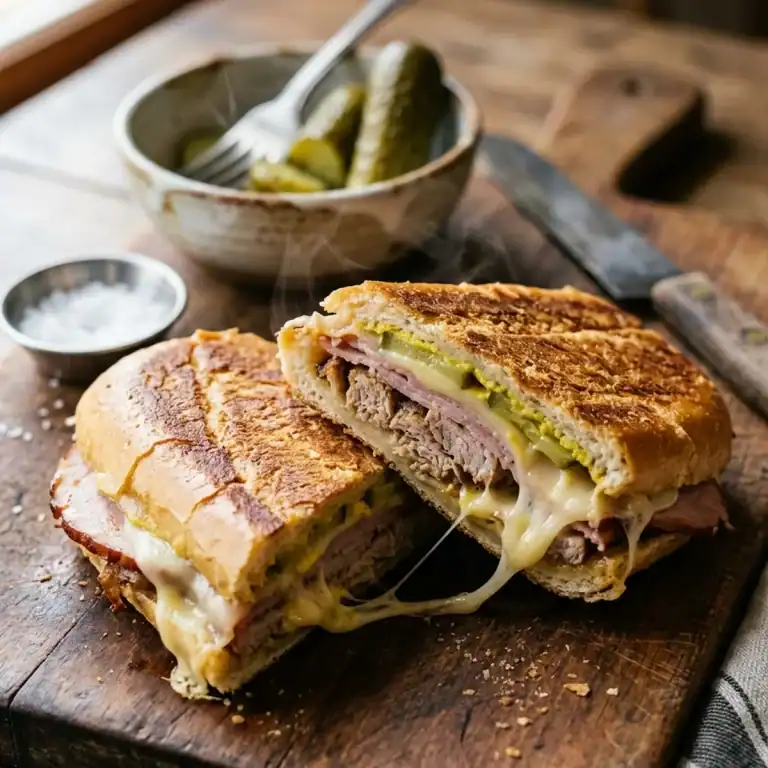 Halbiertes, warm gepresstes Cubano-Sandwich mit sichtbaren Schichten aus Schweinebraten, Schinken, Essiggurken und cremig geschmolzenem Käse auf einem Holzbrett.