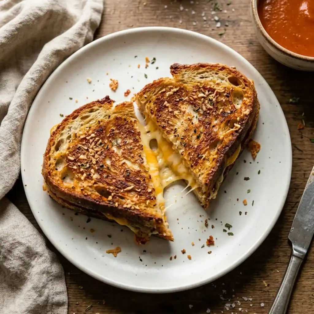 Halbiertes, krosses Grilled Cheese Sandwich aus dem Airfryer mit geschmolzenem Käse und Parmesan-Kräuter-Kruste auf einem rustikalen Teller.