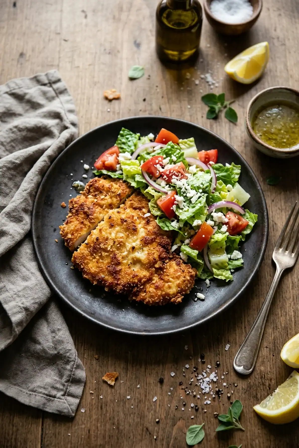 Knuspriges Hähnchen Milanese mit mediterranem Salat aus dem Airfryer