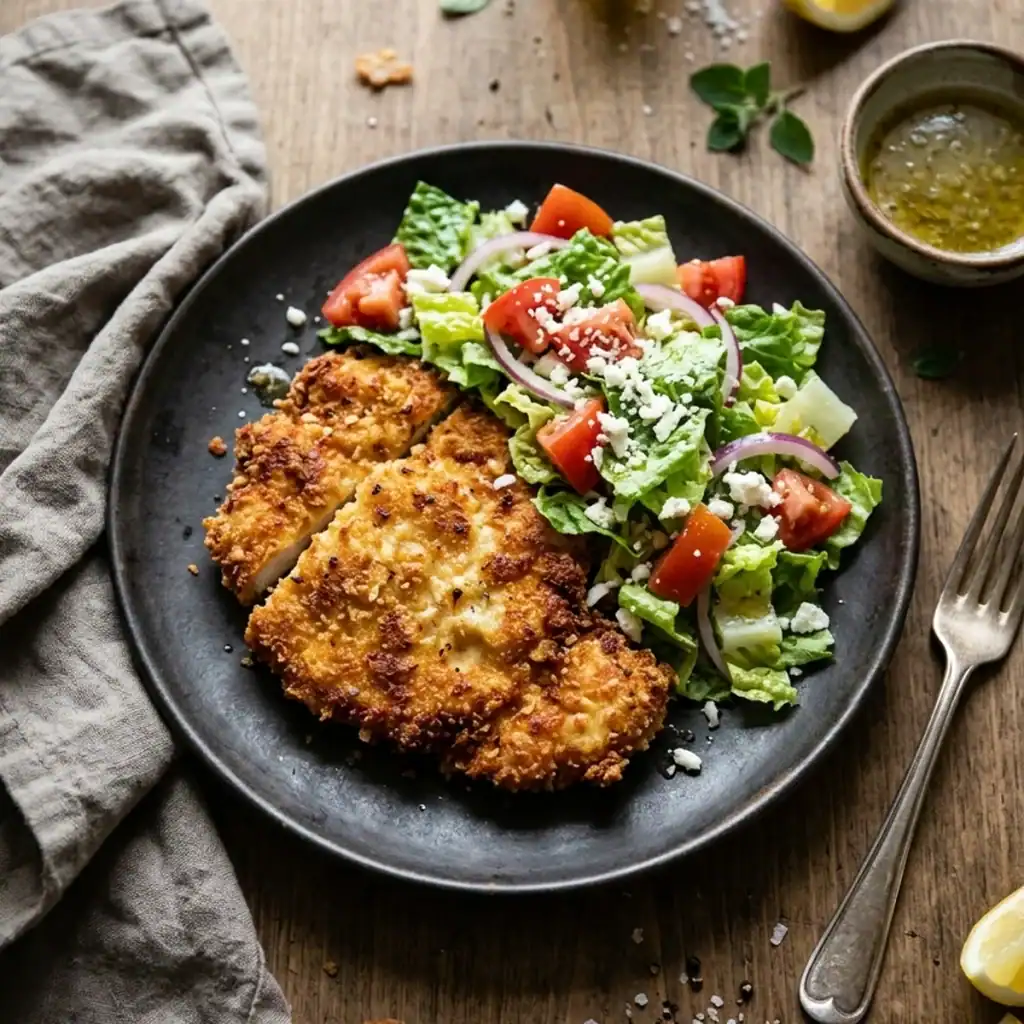 Goldbraun gebackenes Hähnchen Milanese aus dem Airfryer, serviert mit buntem Salat aus Römersalat, Tomaten und Feta auf einem rustikalen Teller.
