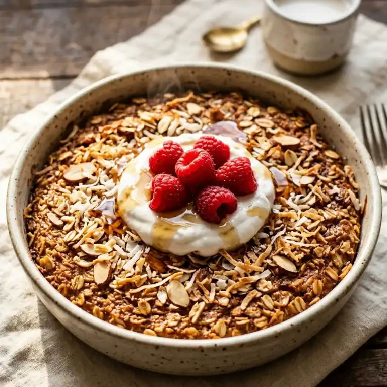 Gebackenes Kokos-Oatmeal in einer Auflaufform, garniert mit gerösteten Kokosflocken, Mandelstiften und frischen Beeren