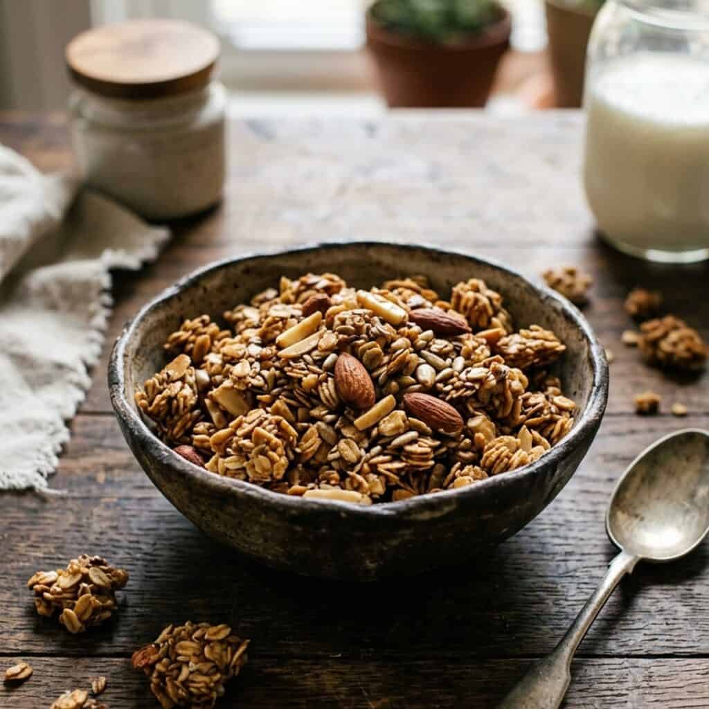Frisch gebackenes, goldbraunes Mandel-Granola mit Ahornsirup und groben Knusperstücken in einer Schale.