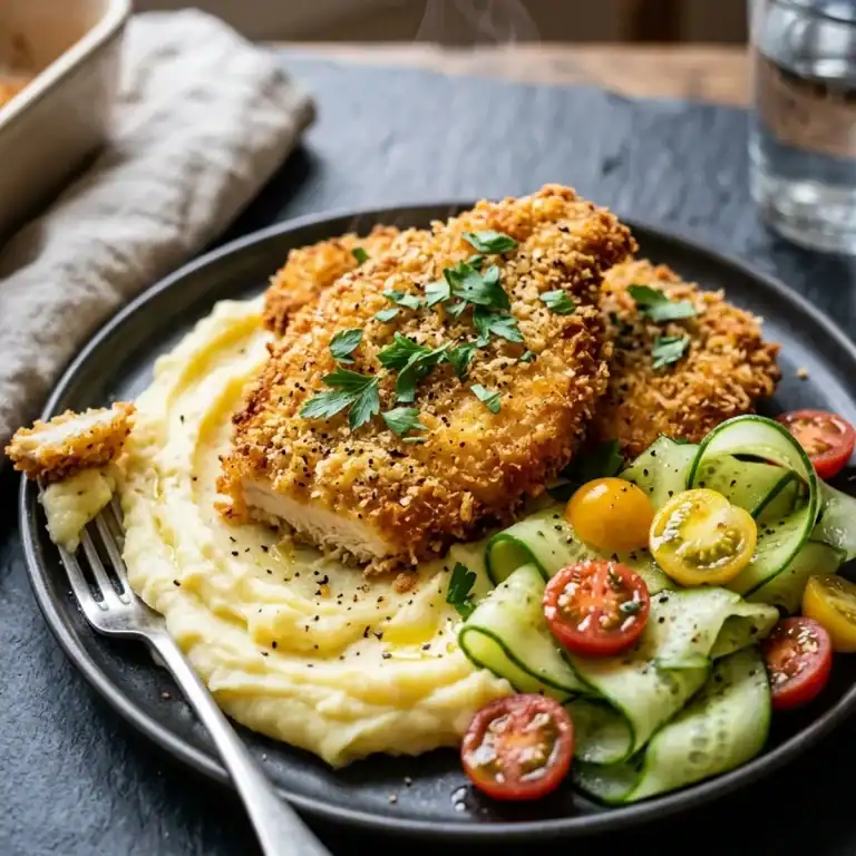 Saftige Hähnchenschnitzel mit goldener Panko-Parmesan-Kruste auf weißem Kartoffelpüree neben Gurken-Tomaten-Salat.