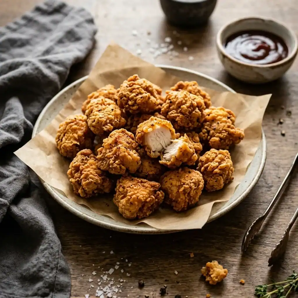 Draufsicht auf eine rustikale Platte mit dampfendem, goldbraunem und knusprigem Popcorn Chicken aus dem Airfryer, serviert mit Dip und Kräutern.