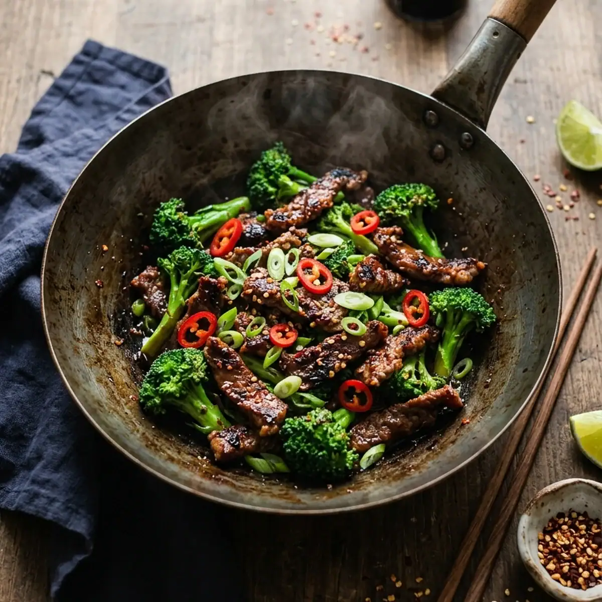 Knuspriges Rindfleisch mit Brokkoli aus dem Wok