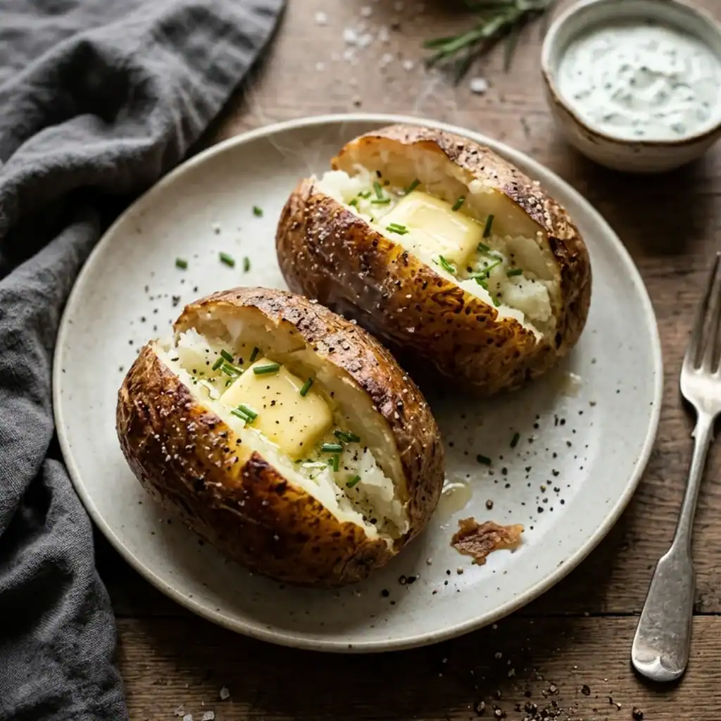 Zwei aufgeschnittene, dampfende Baked Potatoes mit knuspriger Schale und schmelzender Butter auf einem rustikalen Teller aus der Vogelperspektive.