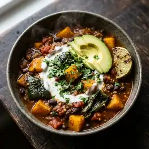 Dampfende Schale mit würzigem Kürbis-Chili, garniert mit frischem Koriander, Avocado und Limette auf rustikalem Holztisch.
