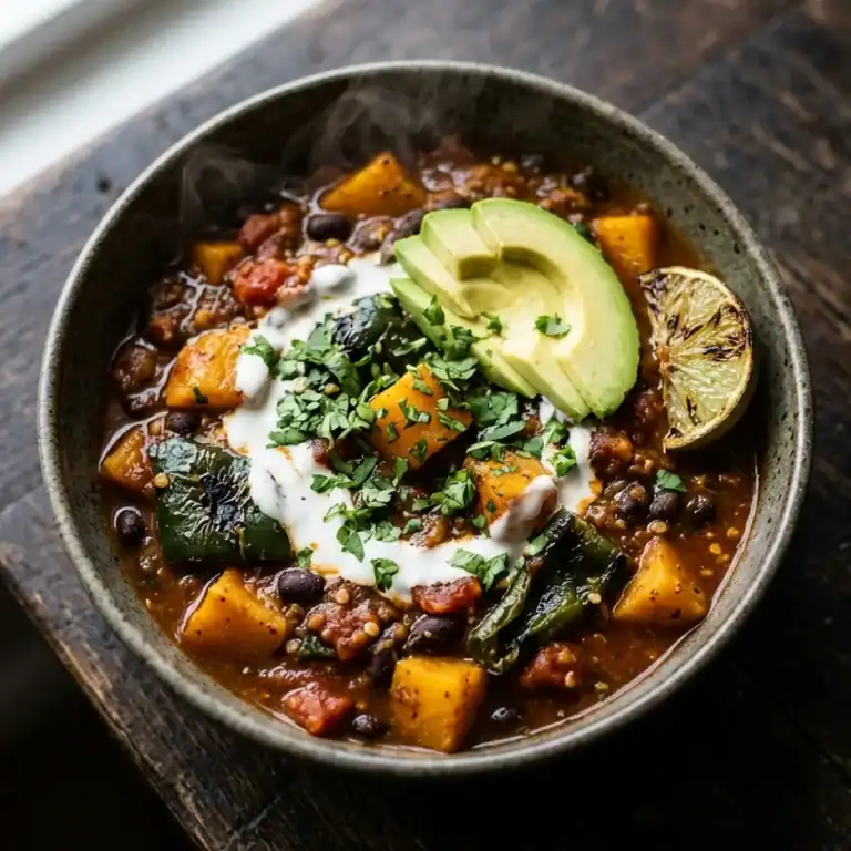 Dampfende Schale mit würzigem Kürbis-Chili, garniert mit frischem Koriander, Avocado und Limette auf rustikalem Holztisch.