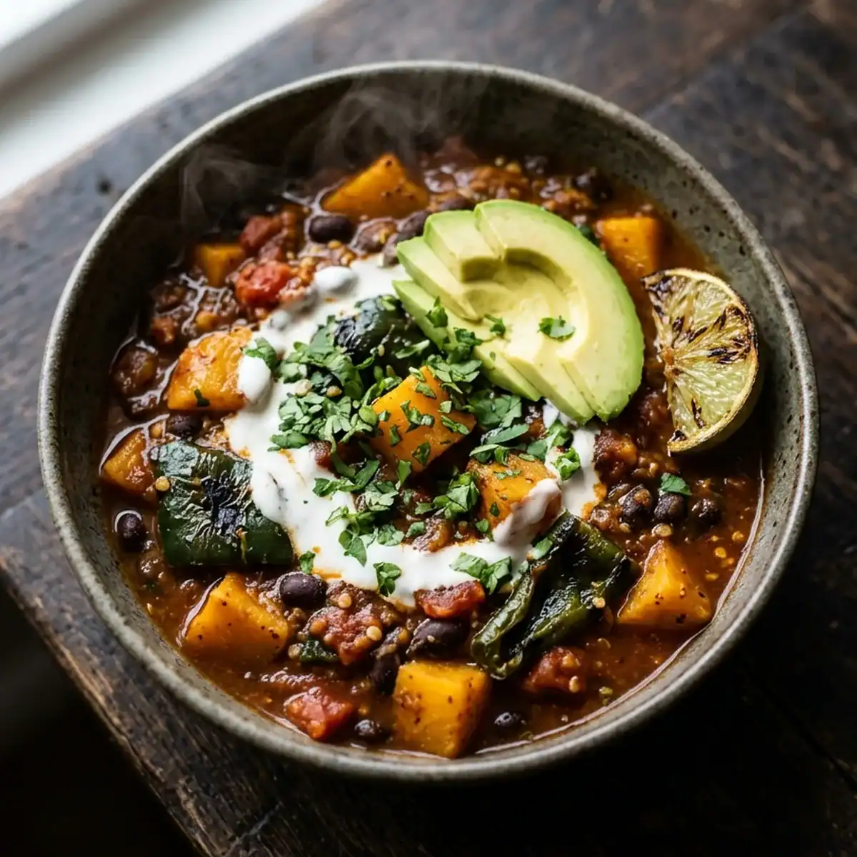 Aromatisches Kürbis-Chili mit gerösteten Poblano-Schoten