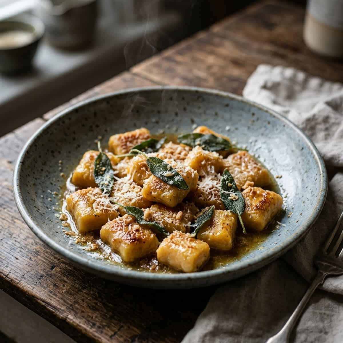 Hausgemachte Kürbis-Gnocchi in nussiger Salbeibutter mit Amarettini-Crunch