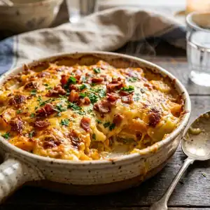 Goldgelb überbackenes Kürbis-Kartoffel-Gratin in einer rustikalen Auflaufform, bestreut mit knusprigem Speck und Petersilie.