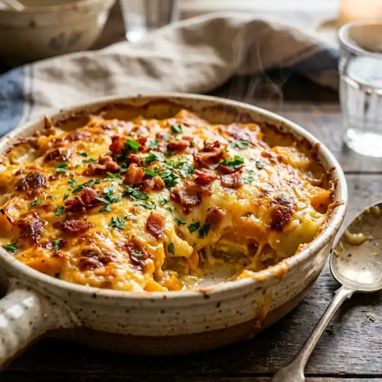 Goldgelb überbackenes Kürbis-Kartoffel-Gratin in einer rustikalen Auflaufform, bestreut mit knusprigem Speck und Petersilie.